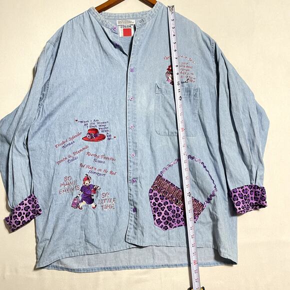 Color Works Red Hat Society Denim‎ Blouse Purple Leopard Print - Size XL - Picture 8 of 11